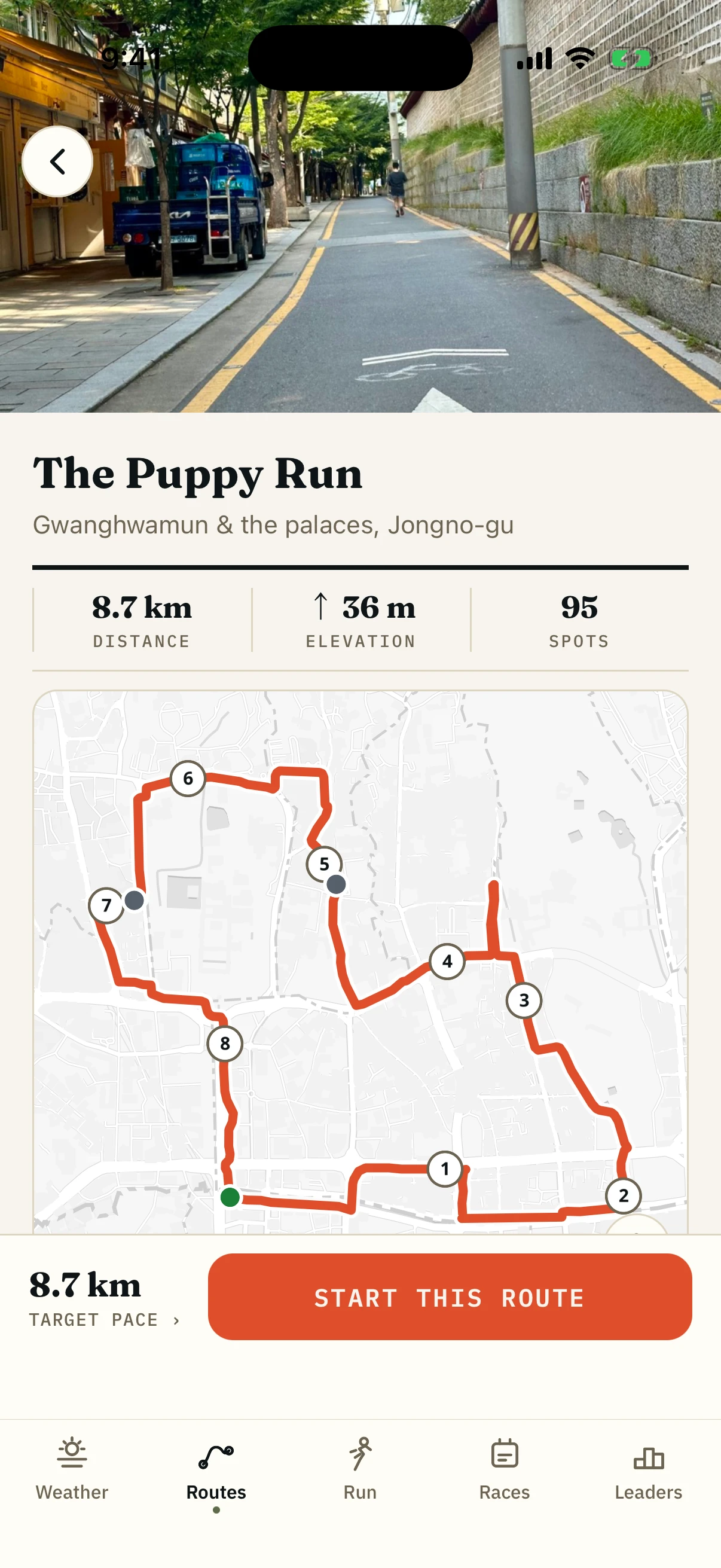 The Run With Me Seoul app showing a curated Seoul route with its map, distance and elevation