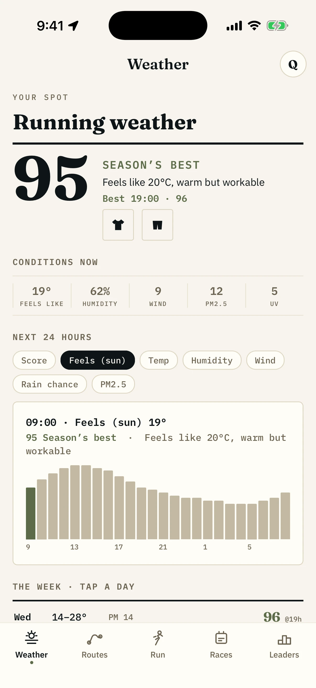 The app showing today’s running-conditions score for Seoul