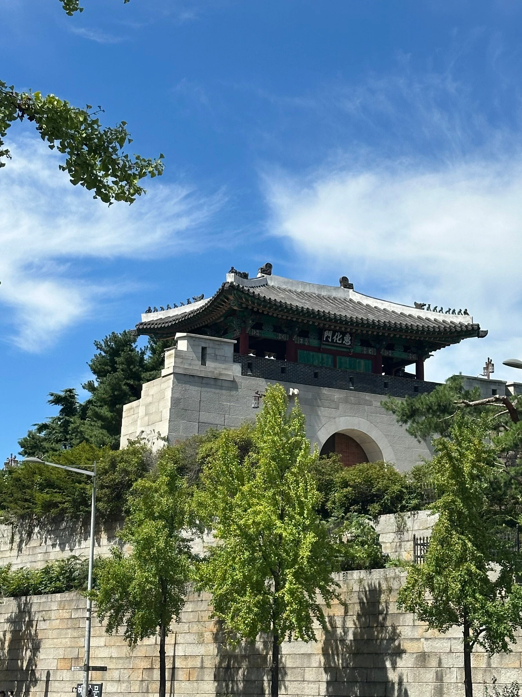 한양도성의 북동쪽 소문(小門)인 혜화문. 단청을 입힌 문루와 홍예를 낸 석축이 어린 은행나무들 위로 서 있습니다.