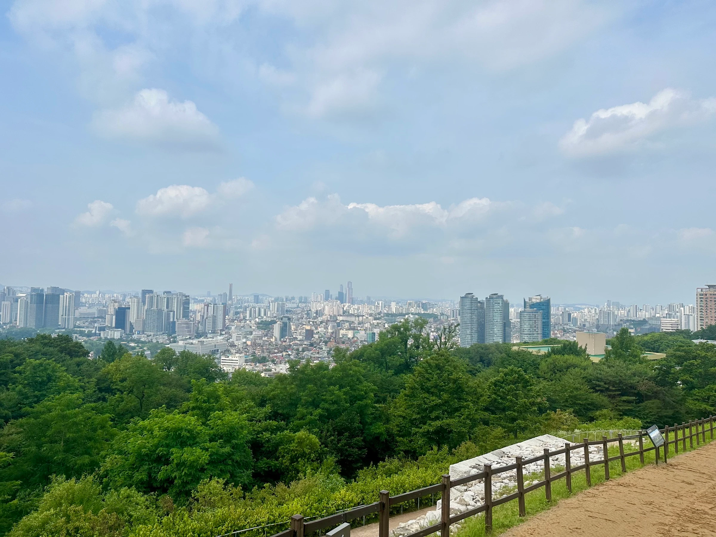 한양도성 남산 구간에서 바라본 남쪽 서울 스카이라인. 앞으로는 푸른 숲, 지평선까지 이어지는 빌딩 군락, 가까이에는 발굴된 성곽 기단과 나무 울타리가 놓여 있습니다.