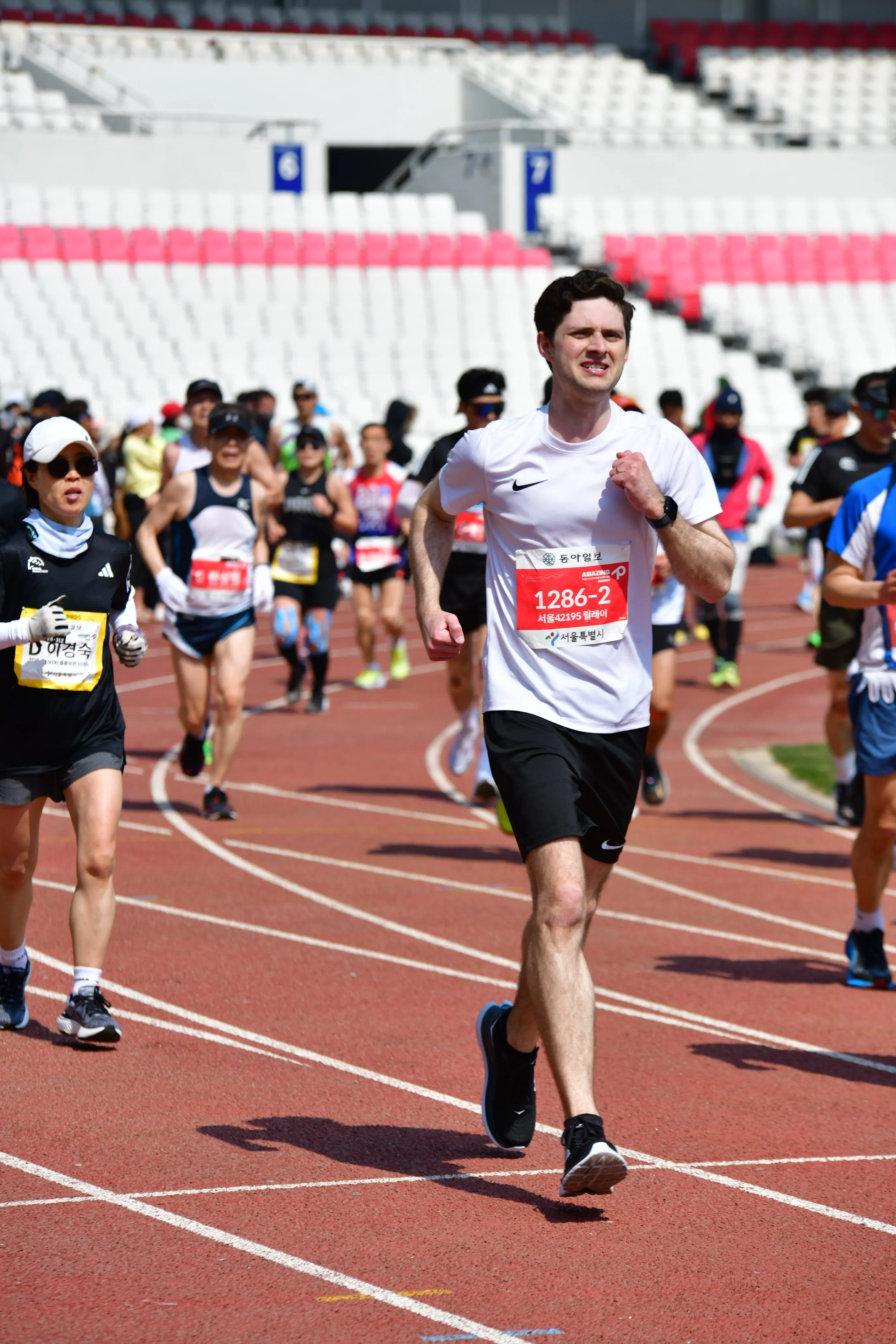 Jamsil Olympic Stadium finish line at the Seoul Marathon 2023.