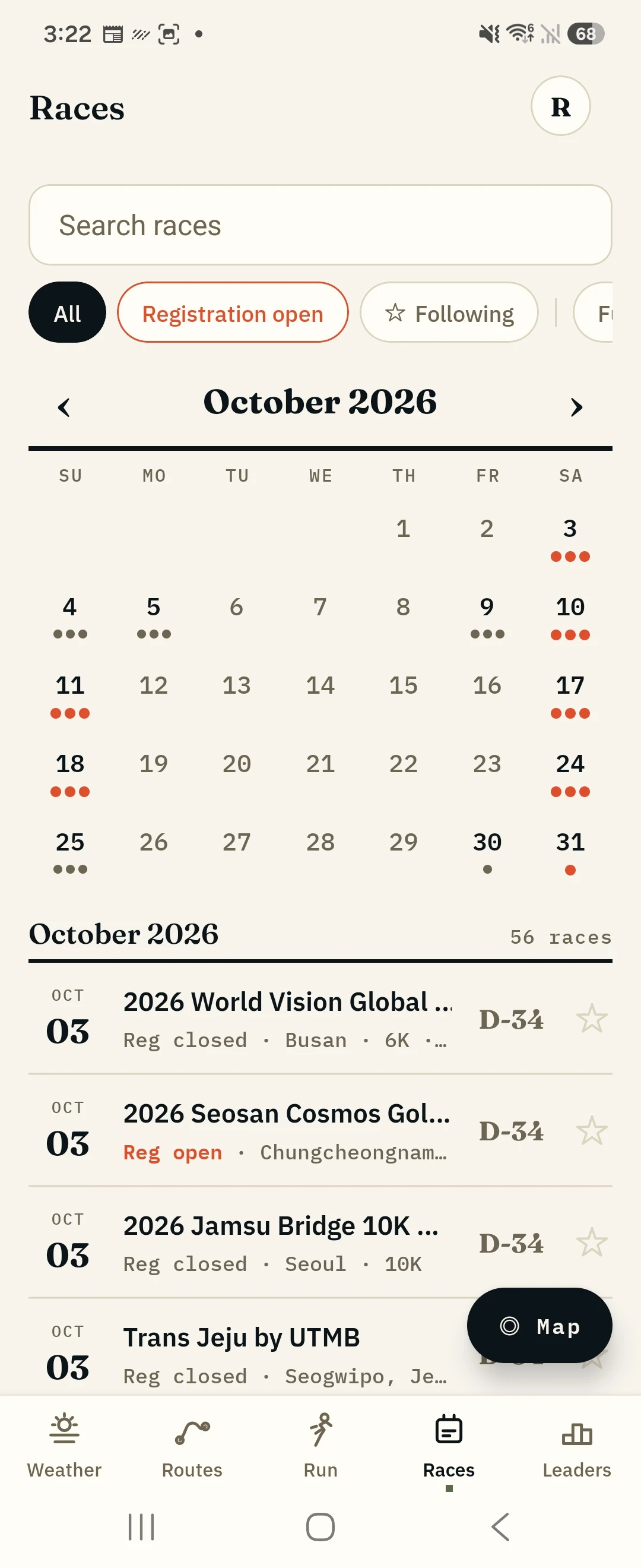 The race calendar on October 2026, dots marking every race day, and the month's 56 races listed underneath with their registration status and a countdown