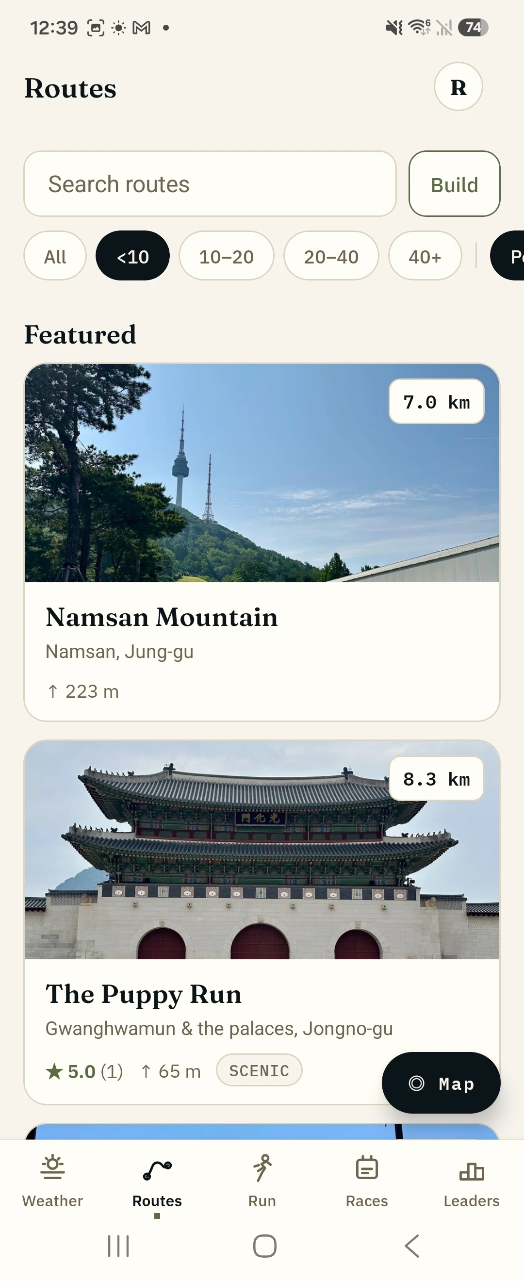 The routes list with the under-10km filter on, showing each route's length and elevation